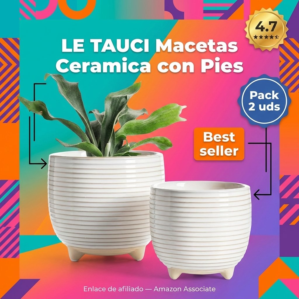 LE TAUCI Pack 2 Macetas Cerámica con Pies 12+16cm Esmalte Blanco