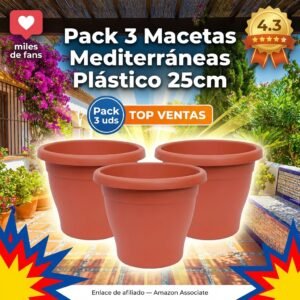 Pack 3 Macetas Mediterráneas de Plástico 25 cm – Colores a Elegir