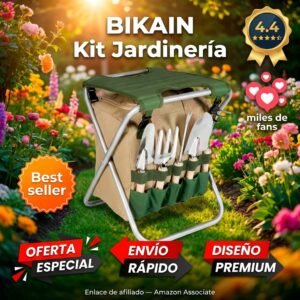 BIKAIN Kit Jardinería – Taburete Plegable + Bolsa + 5 Herramientas