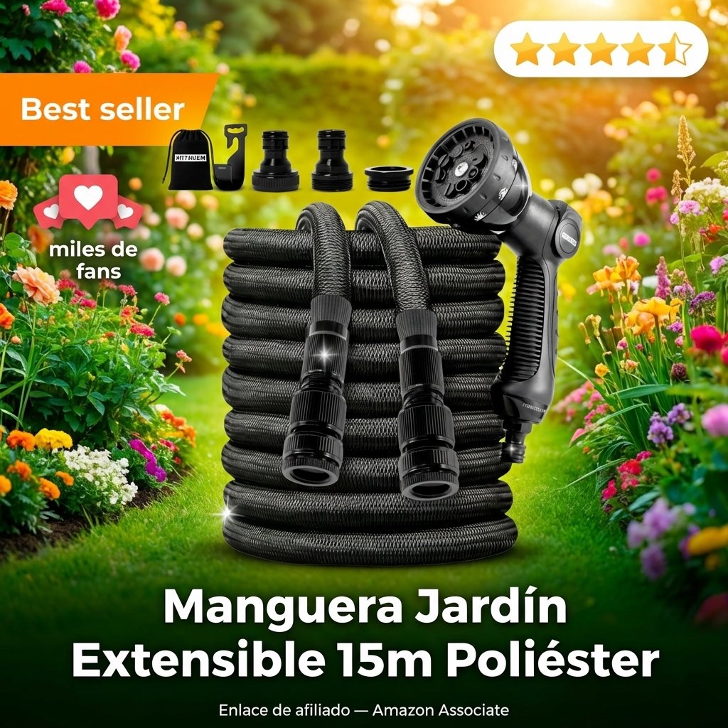 Manguera Jardín Extensible 15m Poliéster Conectores Metal