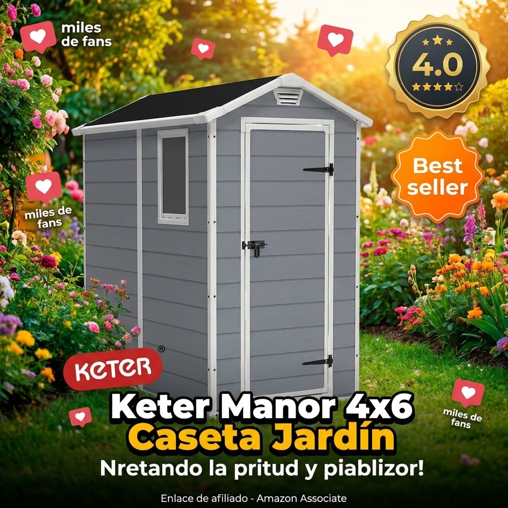 Keter Manor 4X6 - Caseta de jardín, 130x192x198cm y 2,2m2, Suelo, Sistema de ventilación, Puerta y Ventana, Resistente al Agua, Color Gris