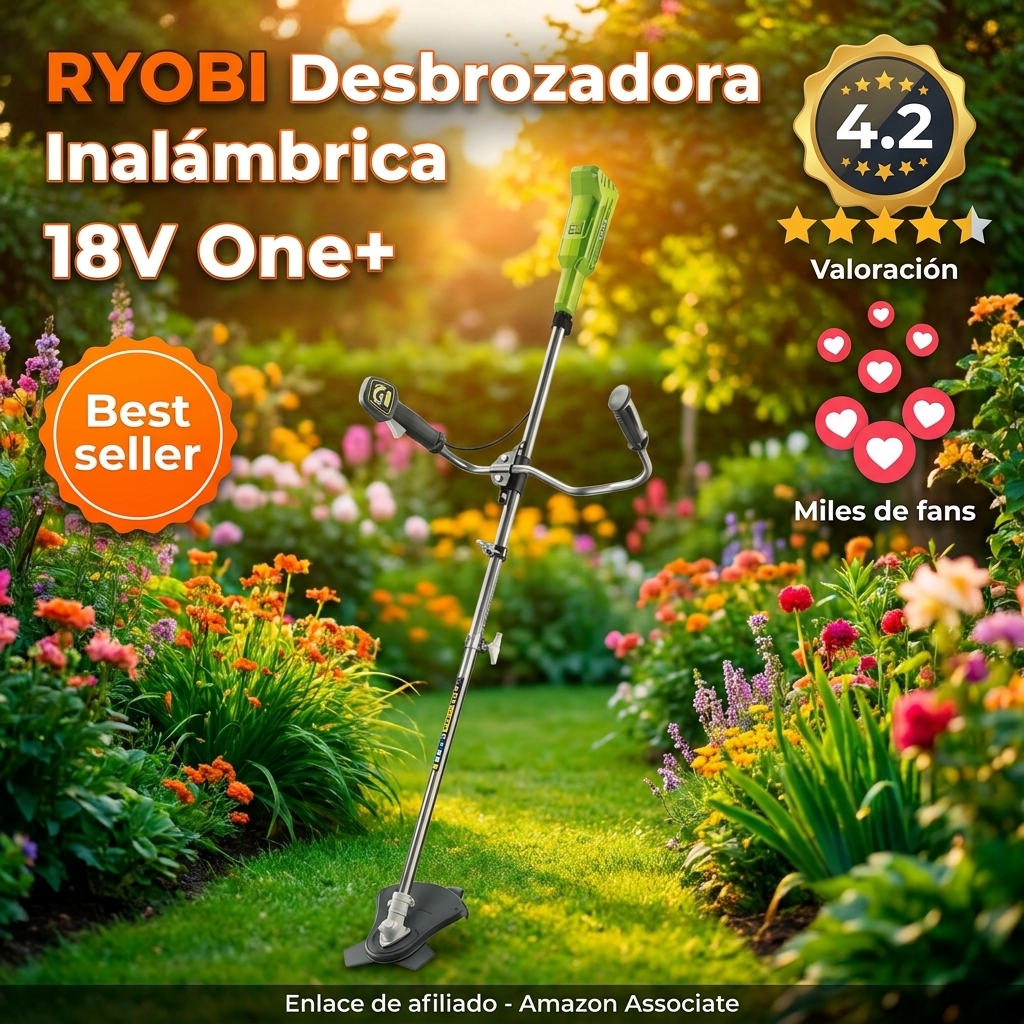 RYOBI Desbrozadora Inalámbrica 18V One+ con Cuchilla Tri-ARC y Cabezal de Hilo – Arnés Vertebrae Ergonómico – (Sin batería)