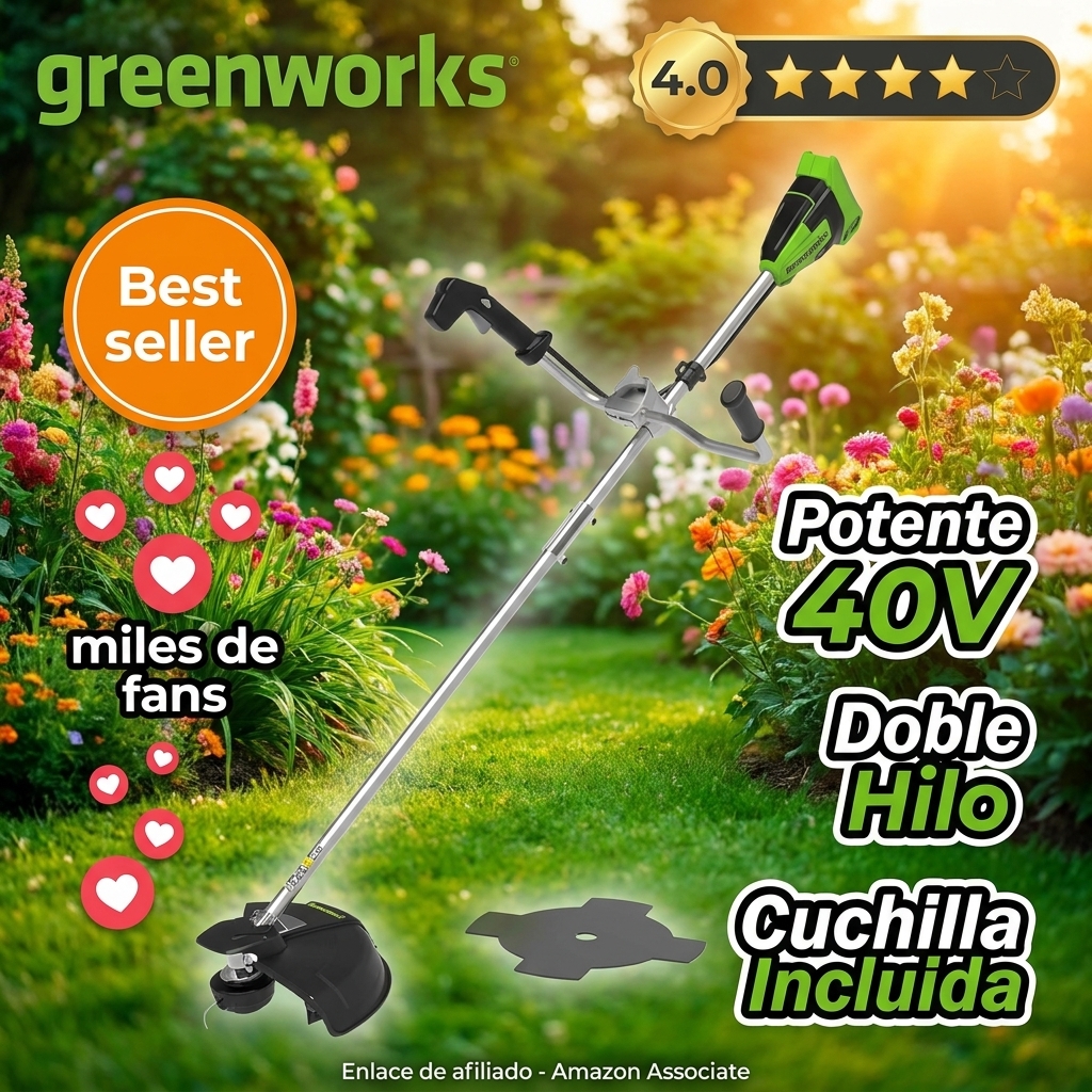 Greenworks 40V Desbrozadora a Batería, Motor sin Escobillas, Arnés, Mango de Bicicleta, Ancho Corte 40 cm, Hilo Nylon 2 mm o Cuchilla 25 cm, SIN Batería 40 V ni Cargador, 3 Años de Garantía GD40BCB