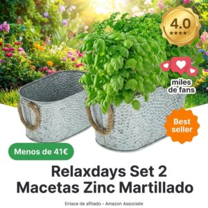 Set 2 Macetas Zinc Martillado Relaxdays con Asas de Yute