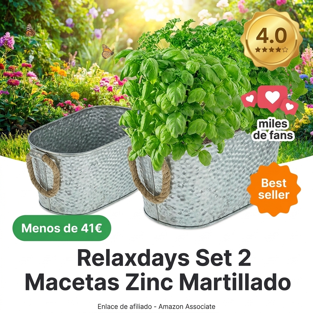 Relaxdays Set 2 Macetas, Maceteros Aspecto Martillado, Jardineras Decorativas Hierro 2 Tamaños, Asas de Jute, Plateado