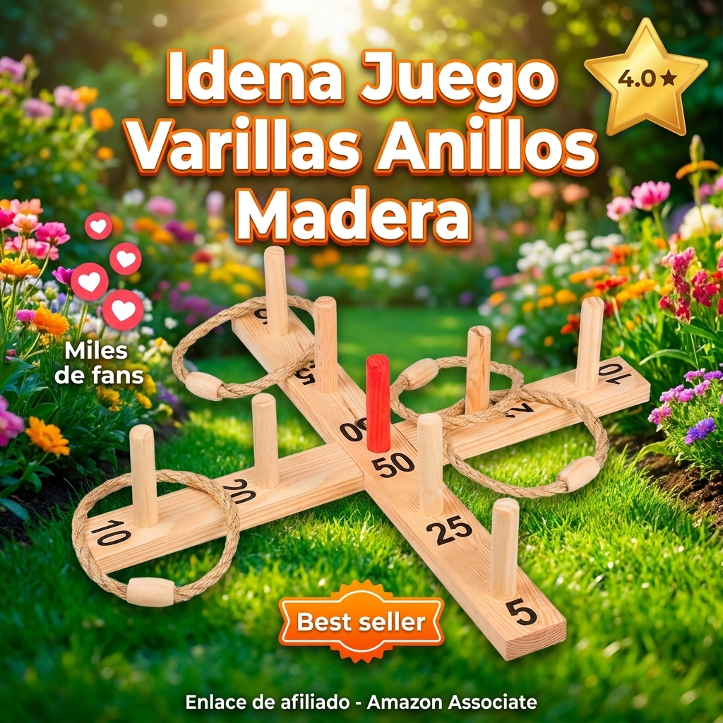 Idena 40199 - Juego de Madera para lanzar 9 Varillas y 4 Anillos de sisal para niños y Adultos, Popular Juego de Deportes al Aire Libre para Verano, jardín o Parque, Color Madera