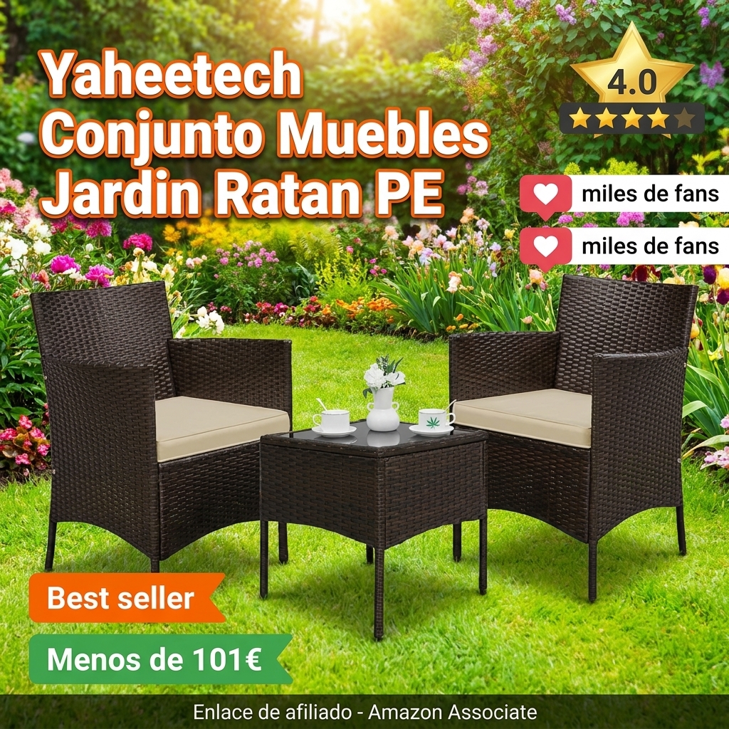 Yaheetech Conjunto de Muebles de Jardín Exterior Muebles Terraza con Cojines Juego de Sillas Ratán PE y Mesa de Vidrio para Balcon Marrón/Caqui