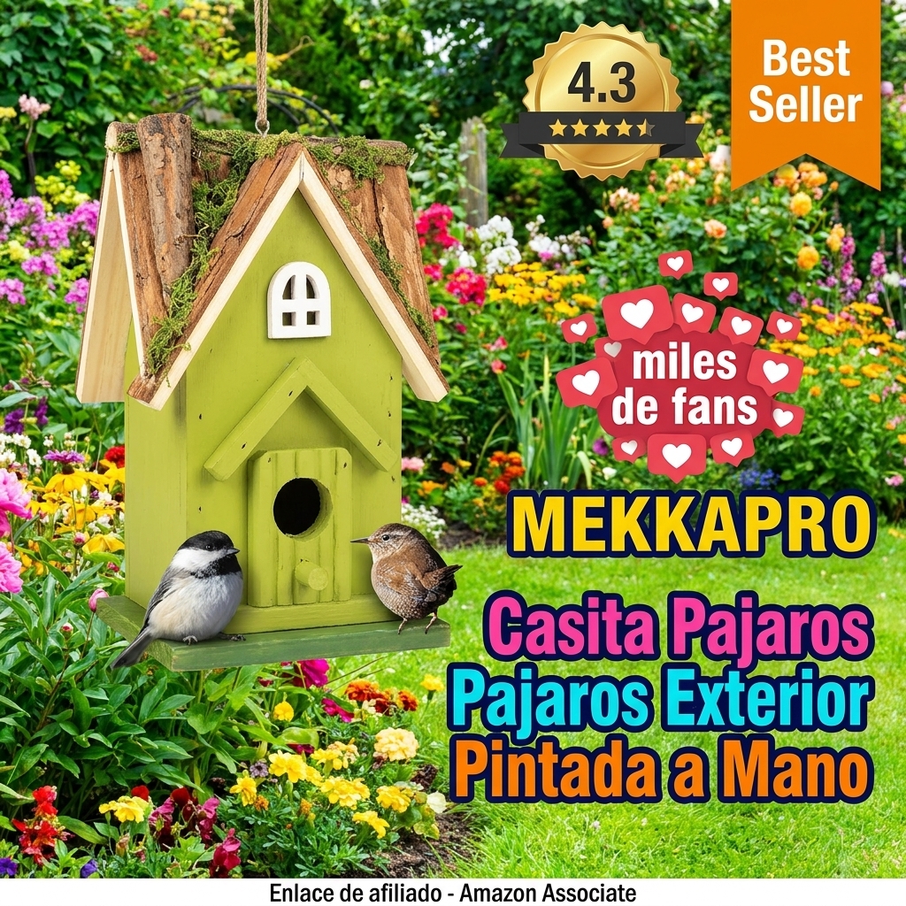 MEKKAPRO Casa Pájaros Exterior – Casita Pájaros Decoración Jardín para Colgar en el Exterior, con Puerta para Fácil Limpieza – Pajarera Pintada a Mano para Carboneros, Chochines