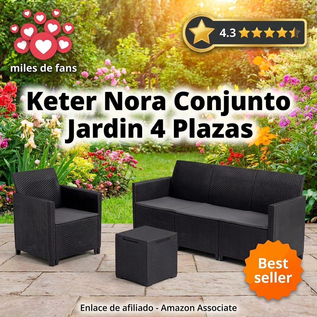 Keter Nora Conjunto de jardín Exterior 4 plazas con Cojines incluidos y Mesa de almacenaje Auxiliar de 35L, Posibilidad de 2 configuraciones de Montaje (2+2 o 3+1), Color Grafito