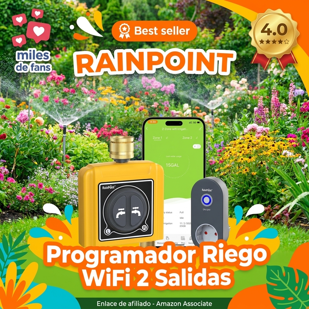 RAINPOINT Programador Riego WiFi 2 Salidas, Inteligente Temporizador Riego Automatico, App/Voz Control, Riego Basado en Clima/Humedad del Suelo, para Césped y Jardín (Entrada y Salida Latón)