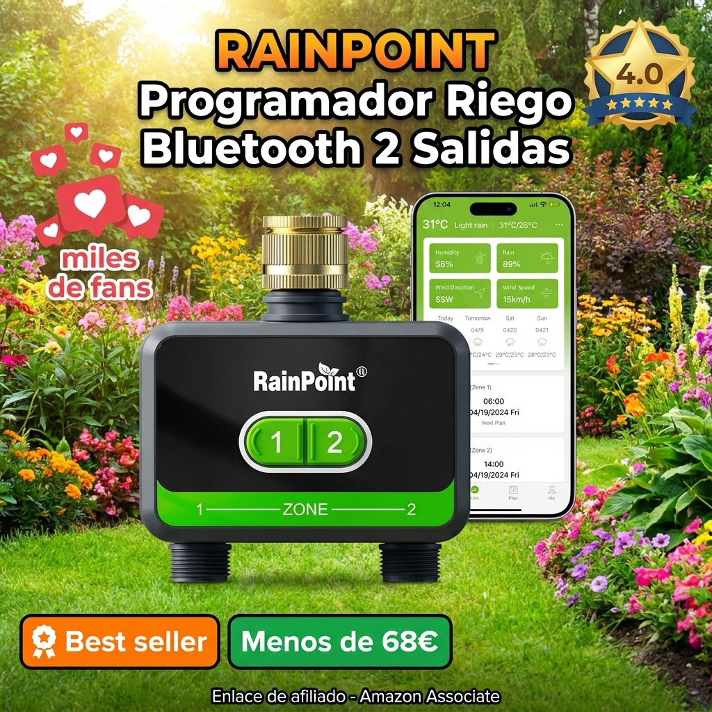 RAINPOINT Programador Riego Bluetooth 2 Salidas con Entrada de latón, Programador de Riego de jardín con aplicación/Control de Voz, retardo de Lluvia/Control Manual/automático, sin concentrador WiFi