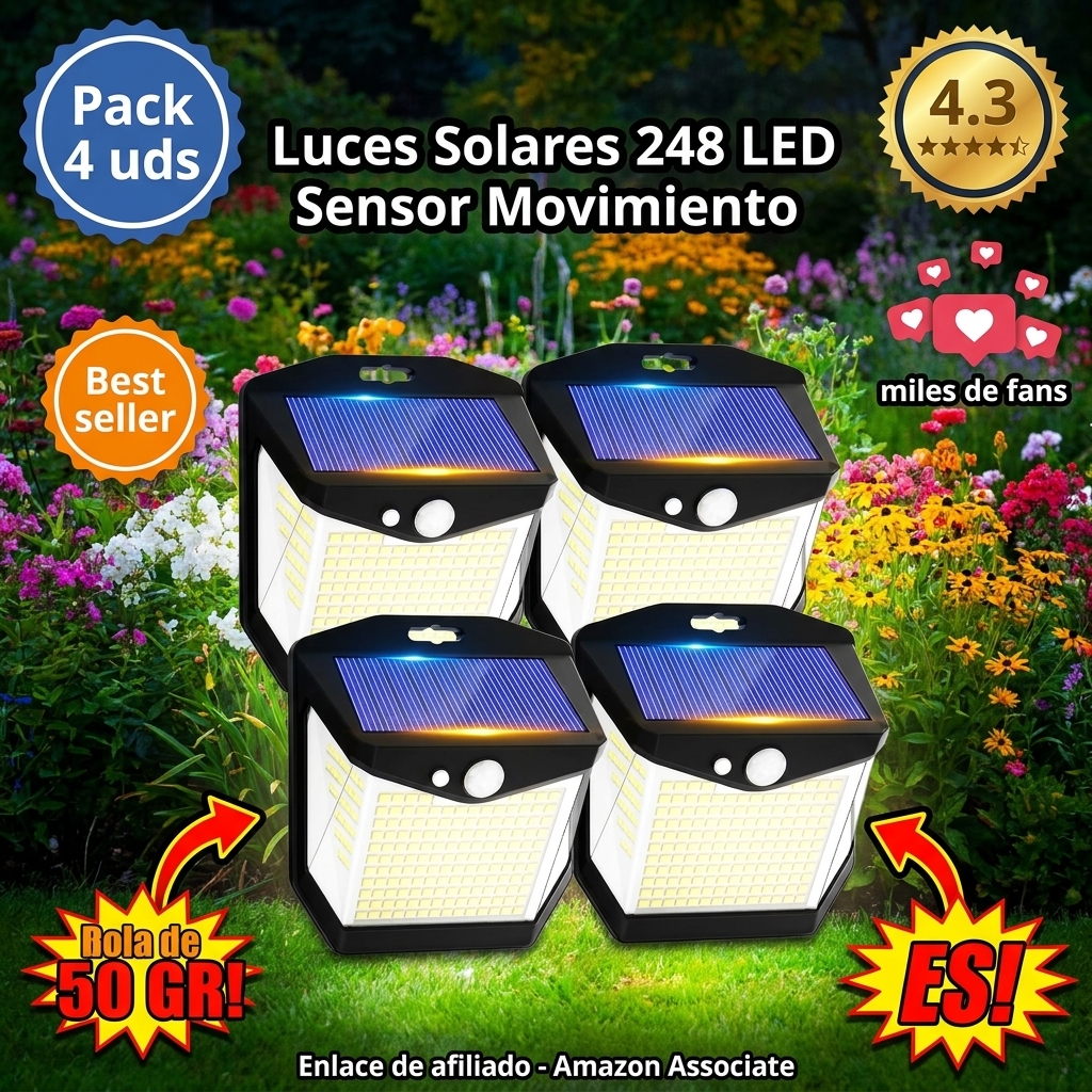 Luz Solar LED Exterior Jardin - 248 LED Luces Solares Sensor de Movimiento 270° Foco Solar Exteriores Lampara IP65 Impermeable Aplique Solar Potente con Iluminacion Terraza Outdoor Light 4 Paquete