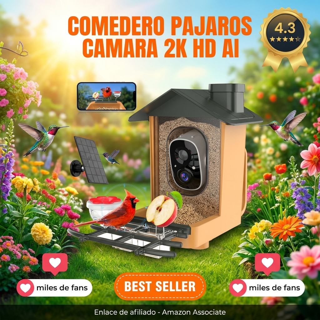Comedero Pajaros con Cámara 2K HD AI identifica 10000+ Pájaros Solar Comedero Pajaros Exterior Notificación Instantánea Impermeable IP65 Almacenamiento en Nube Captura Automática Imagen/Videos