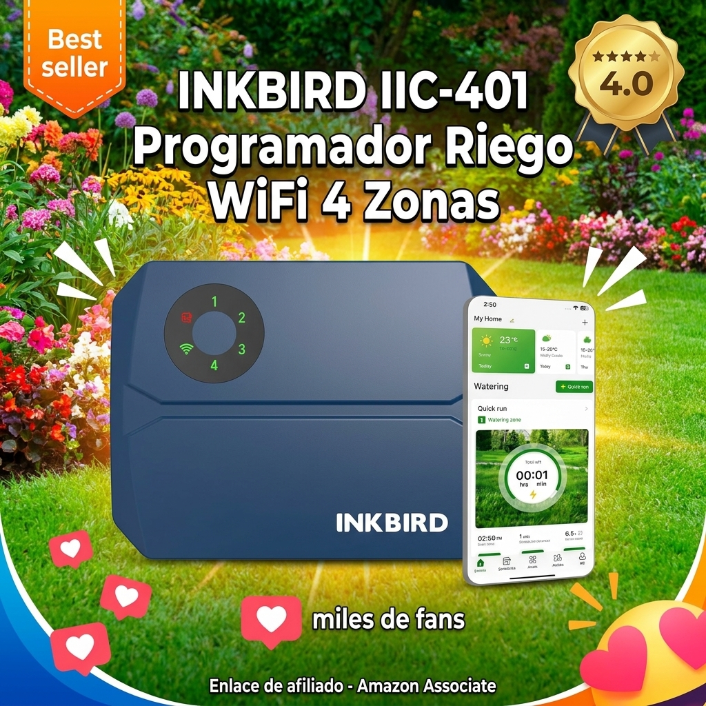 Inkbird IIC-401 Programador Riego Wifi 4 Zonas,Riego Automatico para Jardín,Temporizador de Riego WiFi,APP Control,16 Programas de riego Inteligente,Apoyo Lluvia Saltar Ajuste Estacional