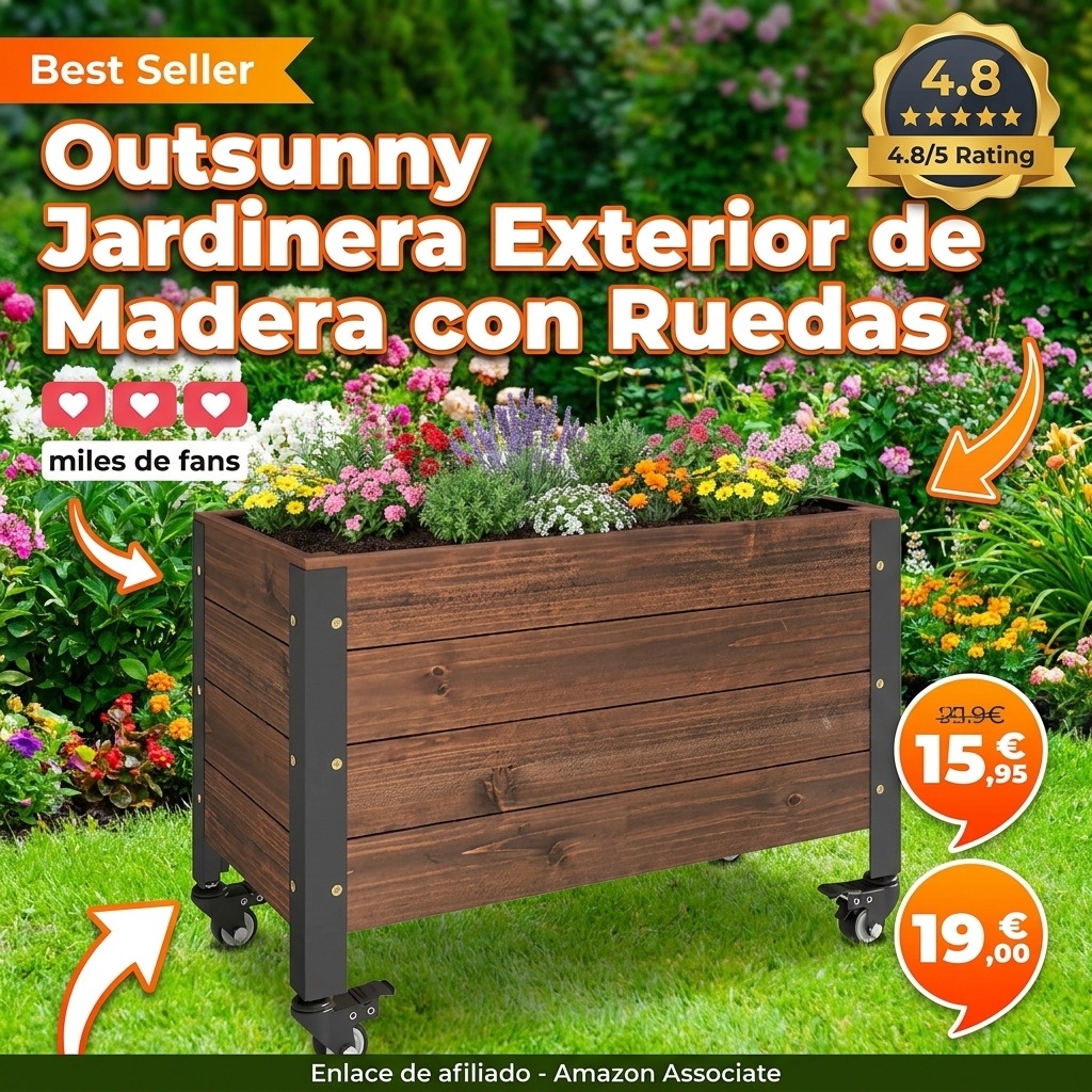 Outsunny Jardinera Exterior de Madera con Ruedas, Huerto Urbano Elevado con Orificio de Drenaje y Tela no Tejida, Macetero Exterior Rectangular para Jardín, Terraza, 60x30x41 cm, Marrón Oscuro
