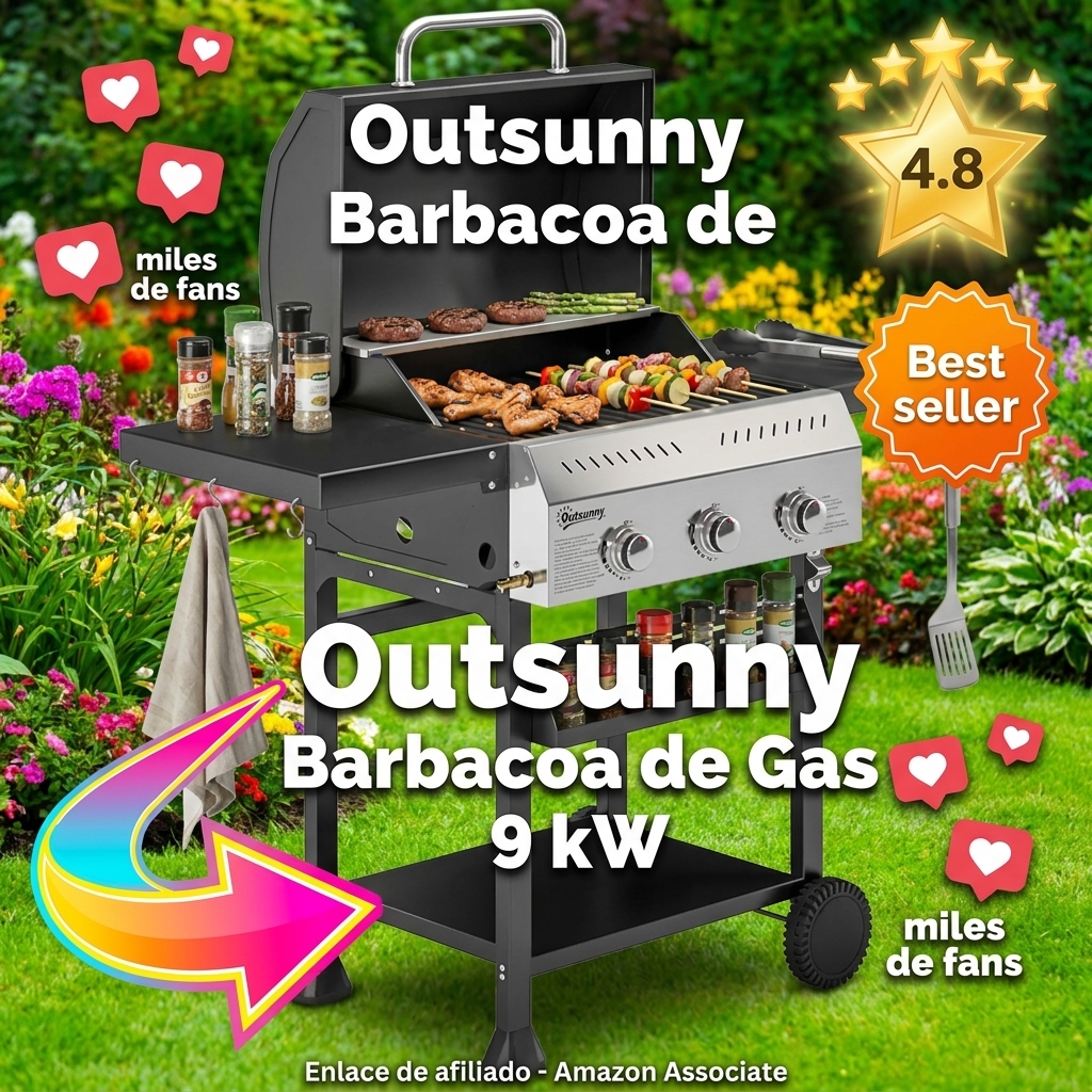 Outsunny Barbacoa de Gas BBQ Gas con 3 Quemadores 9 kW Barbacoa Portátil con Termómetro Mesas Laterales Plegables Estante Rejilla Calentadora Especiero Parrilla Recogedor Grasa 2 Ruedas Ganchos Negro