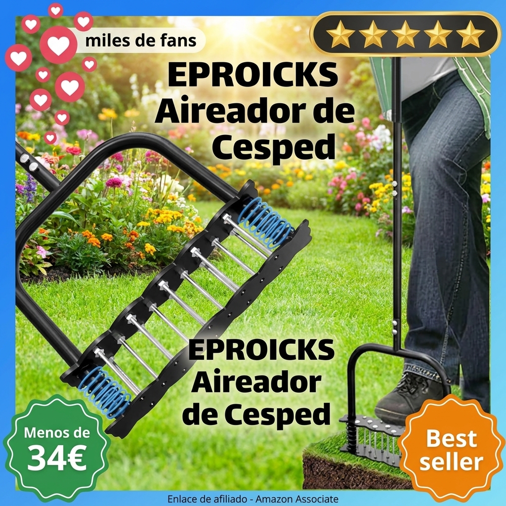 EPROICKS Aireador De Césped,Escarificador De Cesped,Escarificador Manual con 14 Púas, Capaz De Penetrar 6,8 Cm En El Suelo; Ideal para Jardines, Aireación De Césped y como Herramienta De Jardinería
