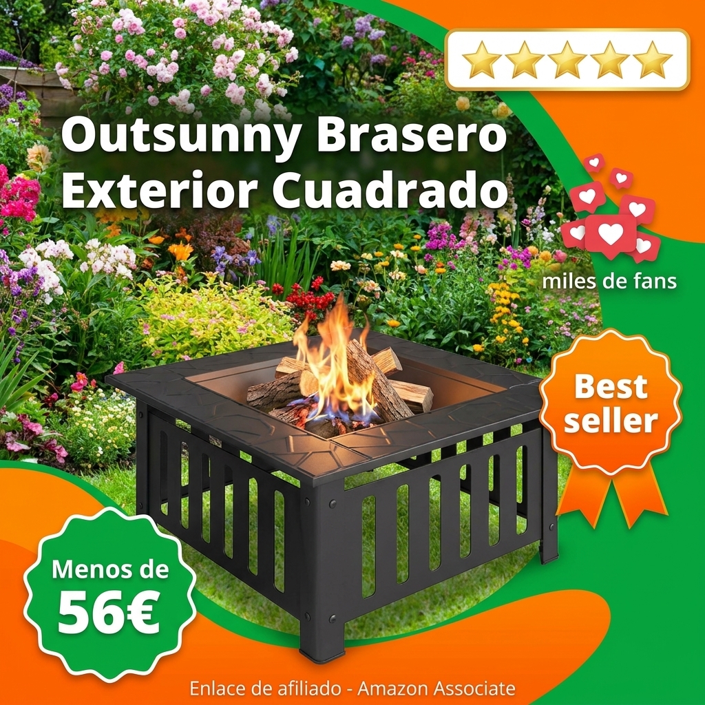 Outsunny Brasero Exterior de Acero Cuadrado, 67x67x47 cm, Brasero Exterior Jardín con Atizador, Tapa de Malla, para Terraza, Camping, Fiesta, Negro