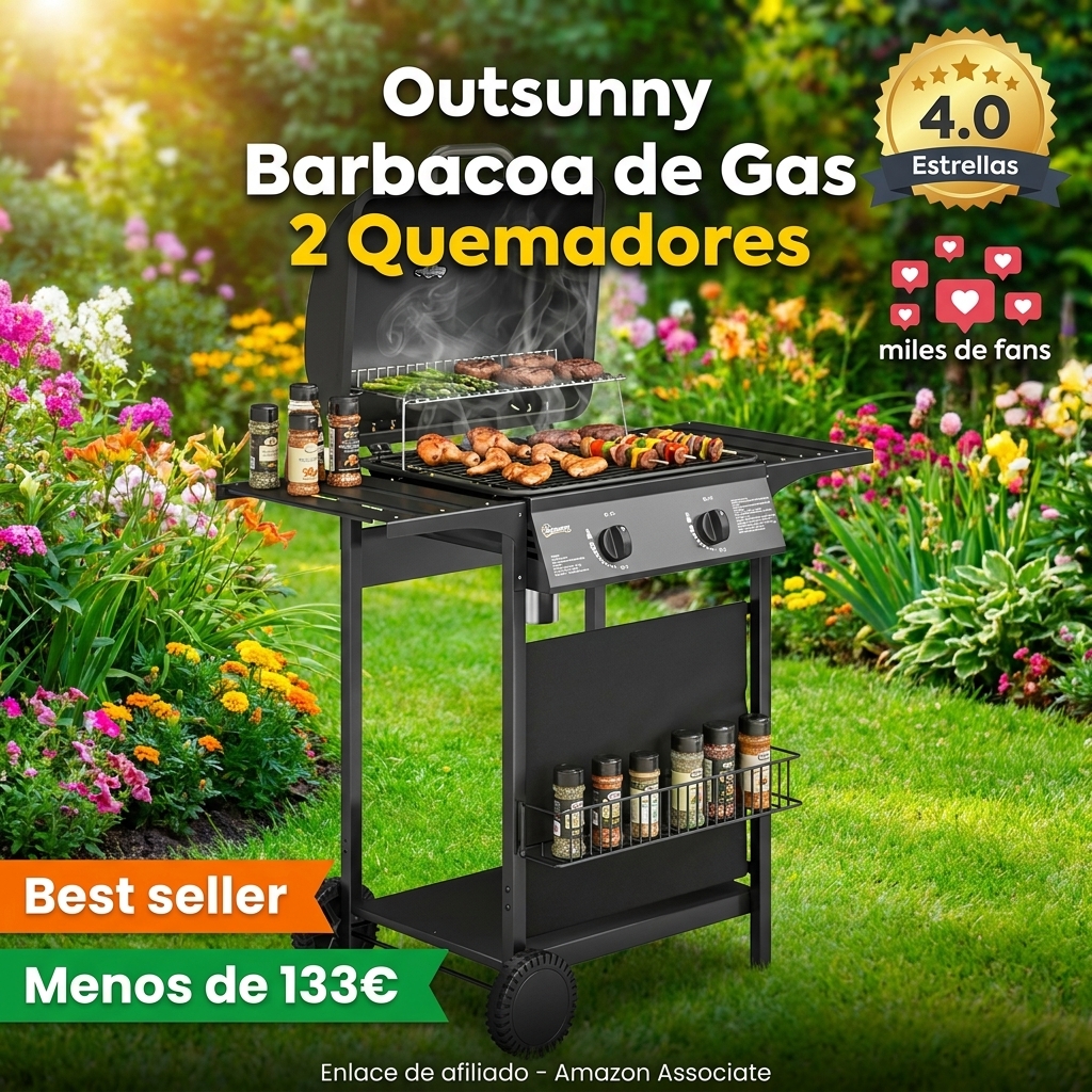 Outsunny Barbacoa de Gas BBQ Gas con 2 Quemadores 5 kW, Barbacoa Portátil con Termómetro, Mesas Laterales, Estante, Rejilla Calentadora, Encendido Piezoeléctrico, Bandeja de Grasa y 2 Ruedas, Negro