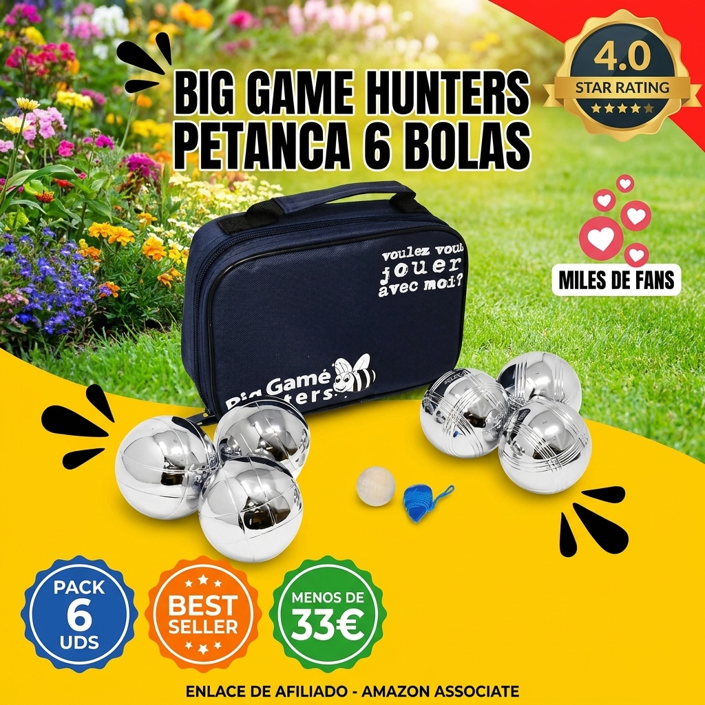 Big Game Hunters Juego de 6 Bolas de Petanca en una Bolsa de Lona, Bolas de Metal con 2 diseños Grabados