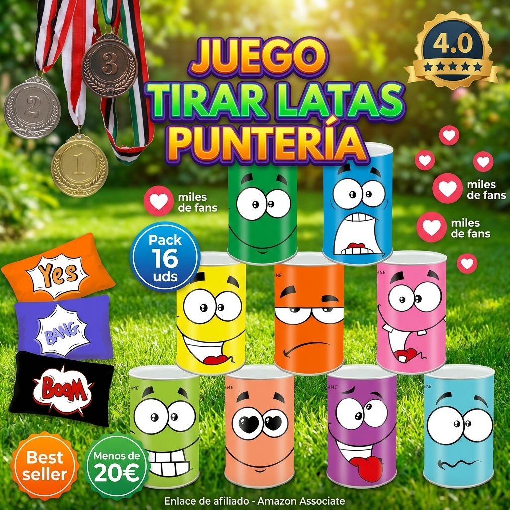 Juegos Exterior Niños Jardin, Juego de Lanzamiento, Juego Tirar Latas Punteria, 10pcs Sonreír Metal Tirar Latas + 3pcs Bolsas de Frijol + 3pcs Medalla, Callejón de Lata Juguetes para Fiesta