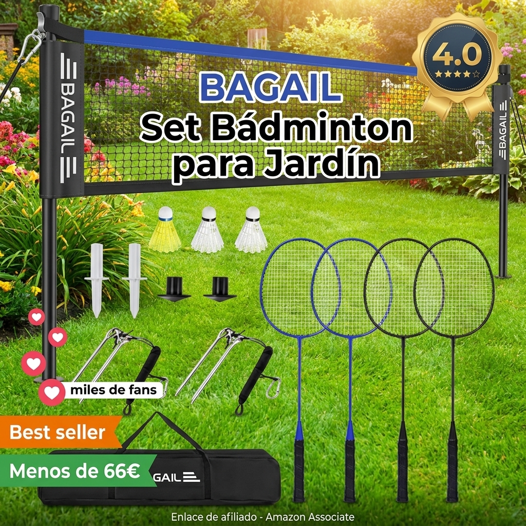 BAGAIL Juego de Bádminton para Exterior - Tamaño Oficial 20 pies x 5 pies, 4 Raquetas, 3 Pelotas de Bádminton, Red de PE Duradera y Bolsa de Transporte para Patio, Playa y Juegos Familiares