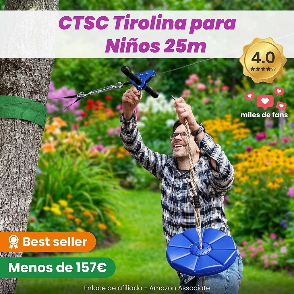 CTSC Familia Juguetes de Jardín - Conjunto de tirolinas para niños, tirolina exterior 25m, con freno de muelle de acero inoxidable, polea de carro, cinturón de seguridad, diversión colorida y