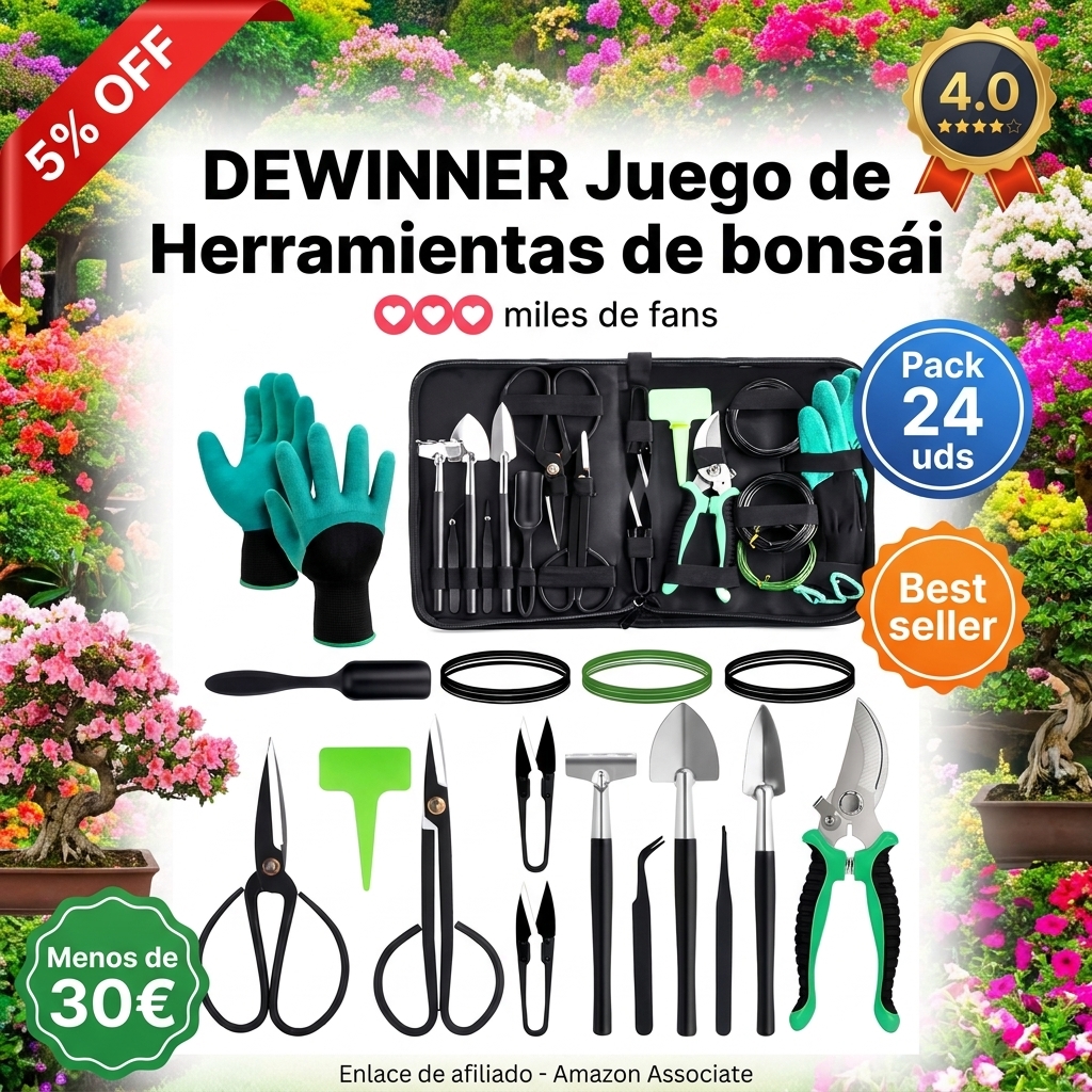 DEWINNER Juego de Herramientas de bonsái, Juego de Herramientas de bonsái, Juego de 24 Piezas de Herramientas de Mano de jardín Incluye Tijeras de poda, Tijeras de bonsái de Acero al Carbono