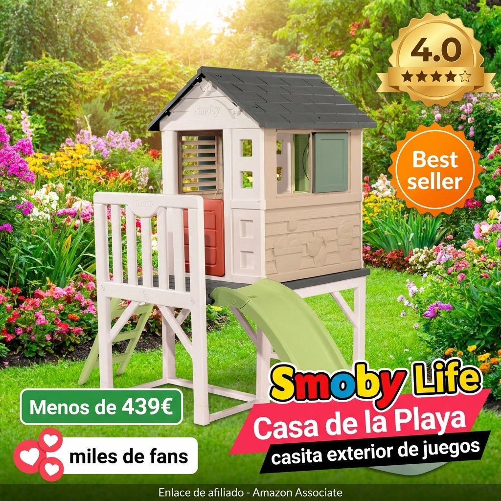 Smoby Life Casa de la Playa - Casita Exterior de Juegos con Plataforma 70 cm, tobogán, Ventanas, Puerta Baja, Escalera, contraventanas, protección Anti-UV, Material Reciclado,+2 años (7600810802)