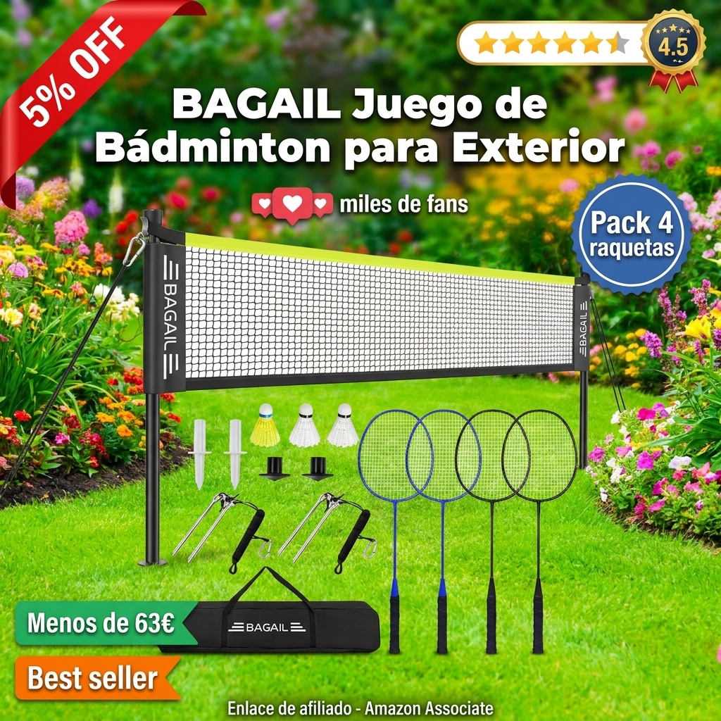 BAGAIL Juego de Bádminton para Exterior - Tamaño Oficial 20 pies x 5 pies, 4 Raquetas, 3 Pelotas de Bádminton, Red de PE Duradera y Bolsa de Transporte para Patio, Playa y Juegos Familiares
