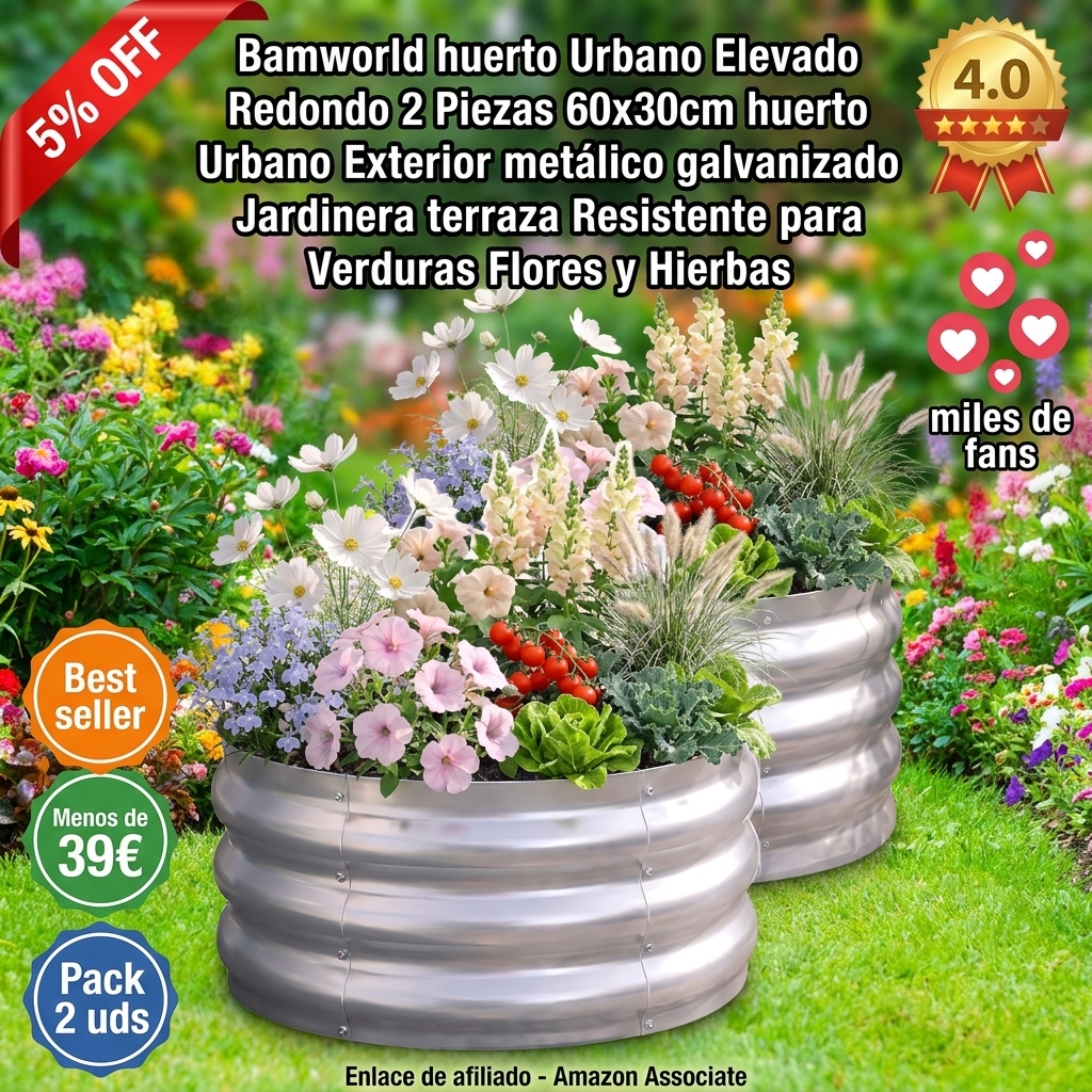 Bamworld huerto Urbano Elevado Redondo 2 Piezas 60x30cm huerto Urbano Exterior metálico galvanizado Jardinera terraza Resistente para Verduras Flores y Hierbas