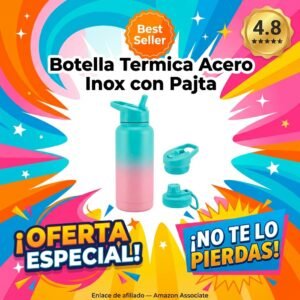 Botella Agua Acero Inoxidable 1L con Pajita – Frío y Calor