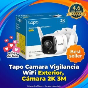 Tapo Camara Vigilancia WiFi Exterior 2K – Vision nocturna 30m y IP66