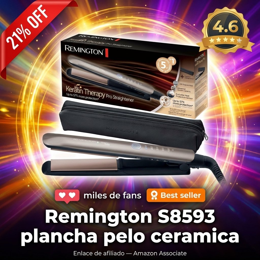 Remington Plancha Pelo pantalla digital, 160-230 °C, sensor protección contra el calor para reducir el daño capilar Keratin Therapy revestimiento cerámica con queratina y aceite de almendra S8593