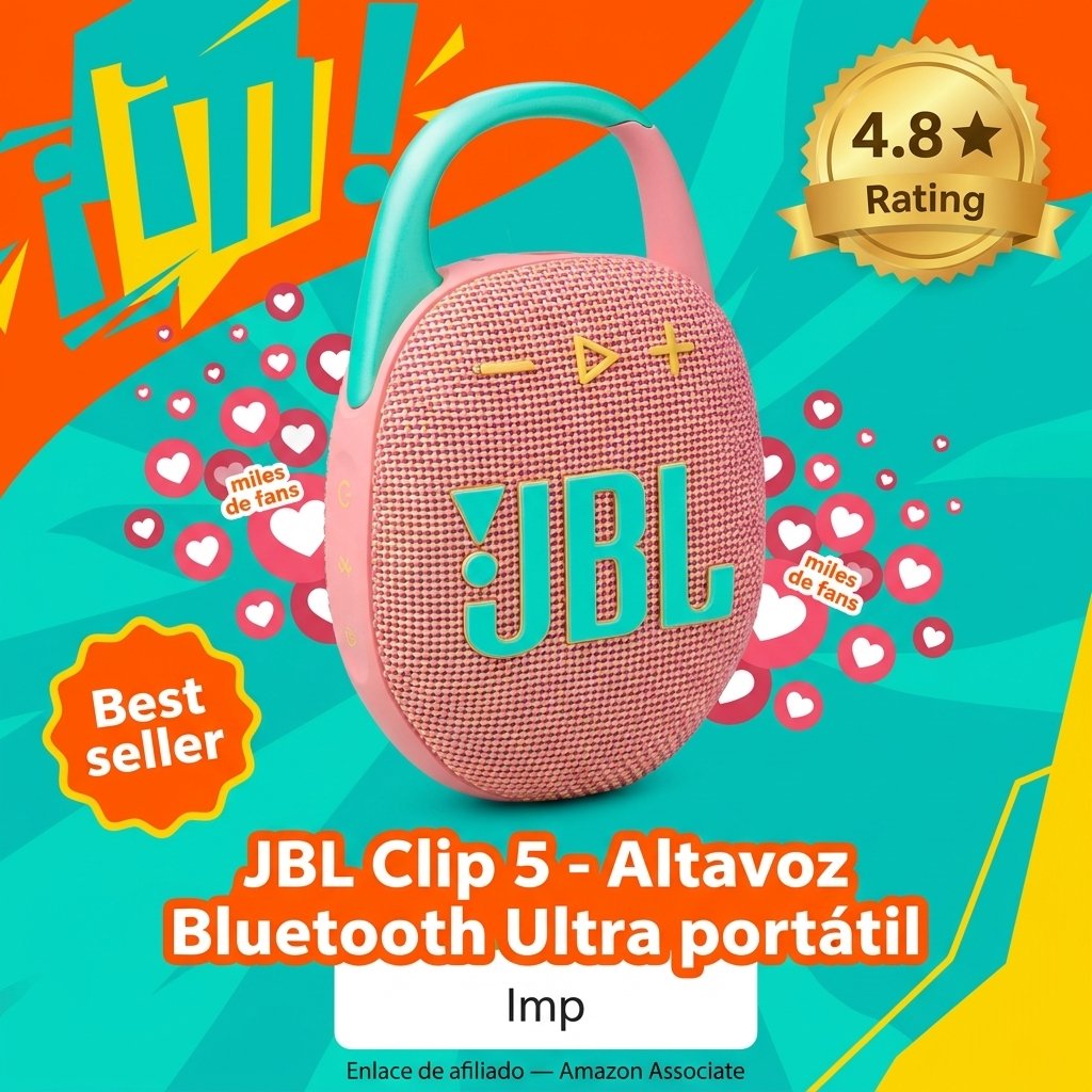 JBL Clip 5 - Altavoz Bluetooth Ultra portátil, Impermeable y a Prueba de Polvo, Sonido Big Pro con Graves Fuertes, mosquetón Integrado, hasta 12 Horas de reproducción