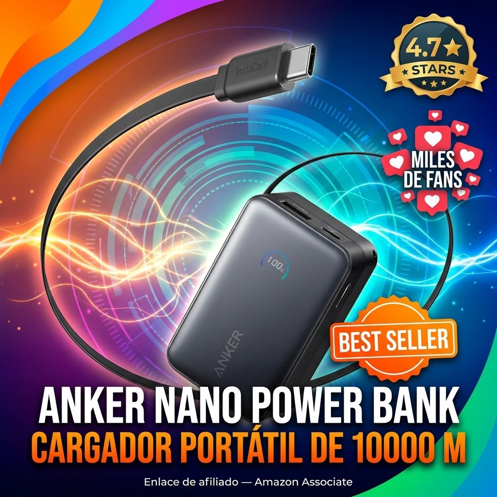 Anker Nano Power Bank Cargador portátil de 10000 mAh Cable retráctil Anker InstaCord de 70 cm batería de 45W de Potencia máxima, para iPhone 17/16 Pro MAX, iPad, Galaxy, Pixel y más