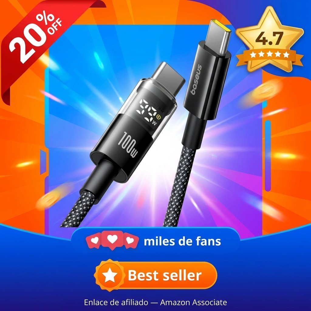Baseus Cable USB C con Pantalla Digital, Cable de Carga Rápida Tipo C a C de 100 W con 480 Mbps, Cable Trenzado, Compatible con iPhone17/17ProMax/16/15, Samsung S25/24, Macbook, Surface Laptop, 1m