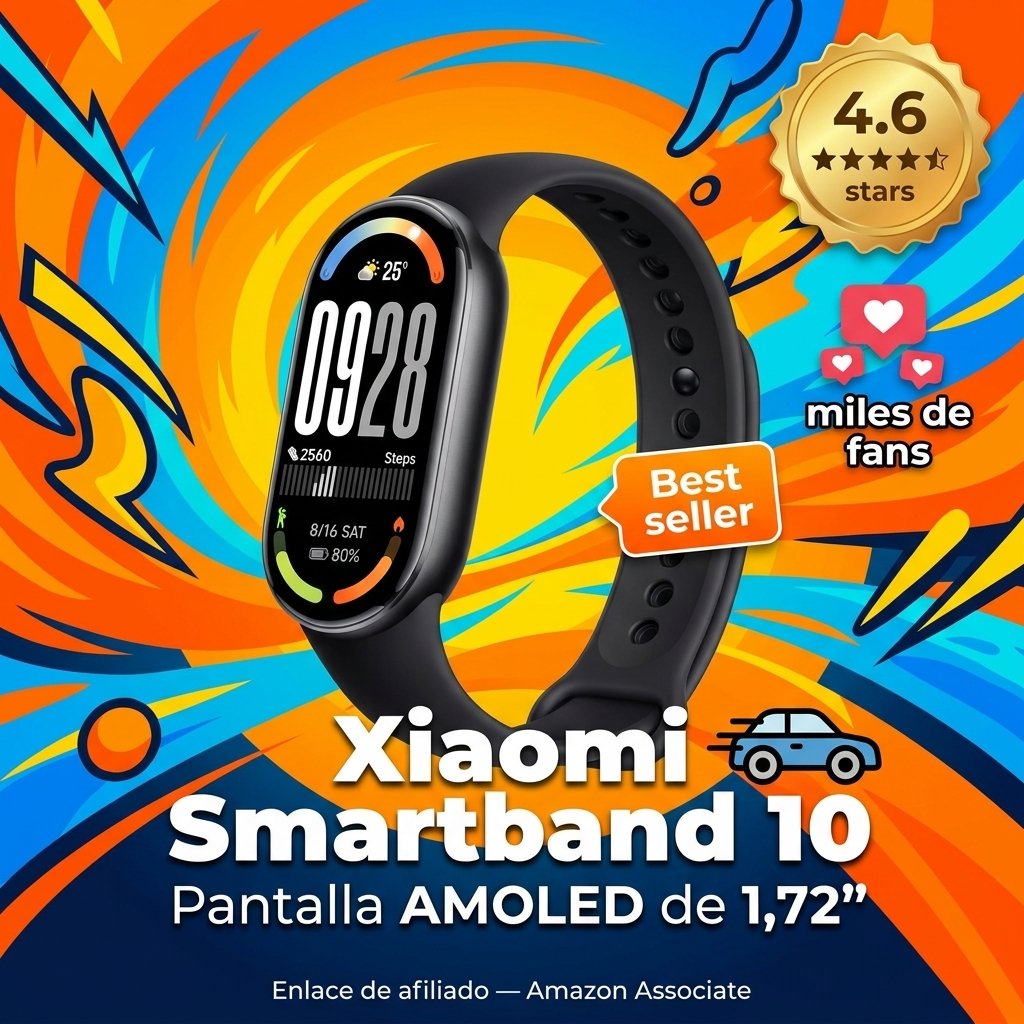 Xiaomi Smartband 10, Pantalla AMOLED de 1,72", Carga rápida, 150+ Modos Deportivos, Monitorización de Salud y sueño, HyperOS 2.0, Impermeable 5ATM, Brújula, Negro