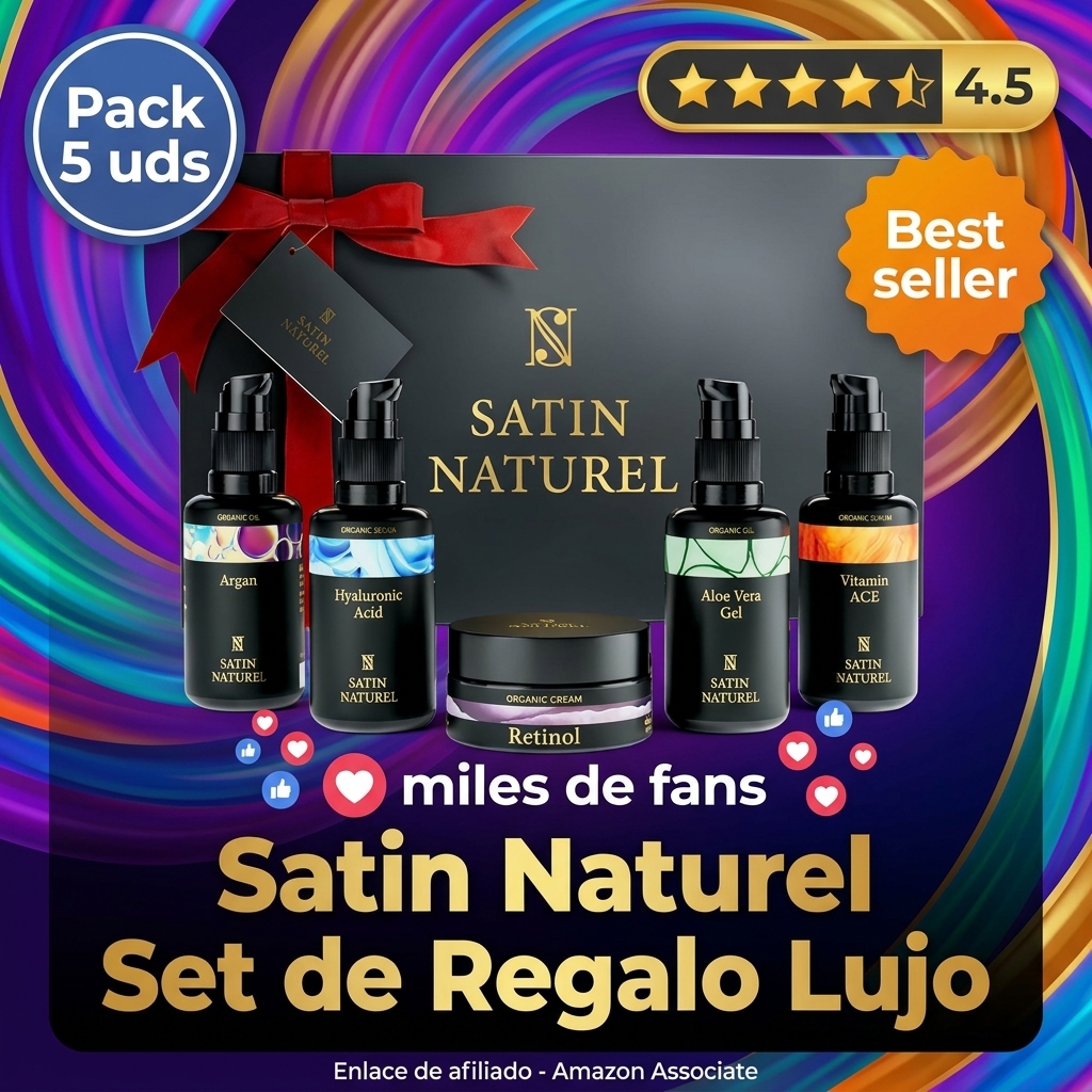 Satin Naturel Set de Regalo de Lujo para Mujer 5x30 ml – Gel de Aloe Vera, Aceite de Argán, Sérum Vitamina C, Sérum Ácido Hialurónico y Crema con Retinol – Cosmética Vegana – Edición Premium