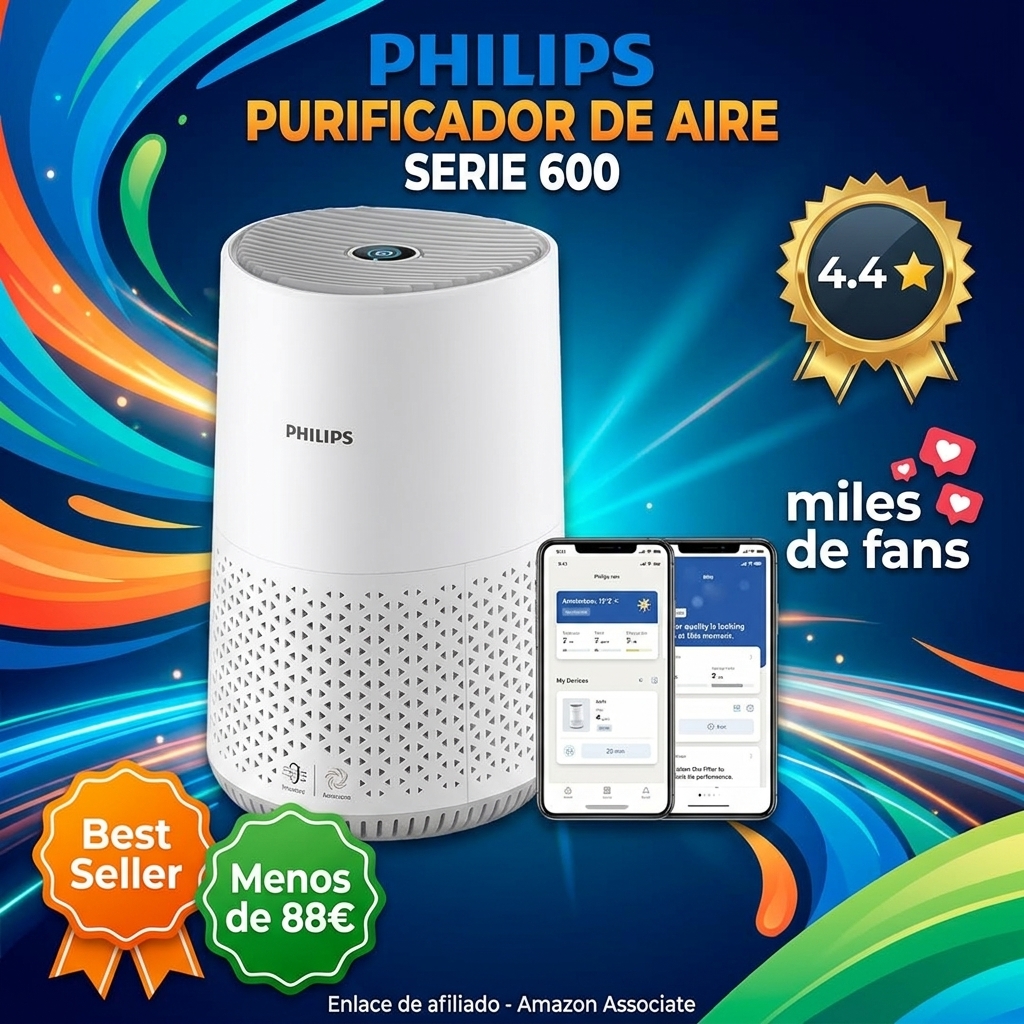 Philips Purificador de Aire Serie 600, Eficiencia Energética, Sensor Inteligente, Ideal para Alérgicos, Filtro HEPA 99,97%, Cubre Hasta 44 m², Control por App Philips Air+, Blanco (AC0651/10)
