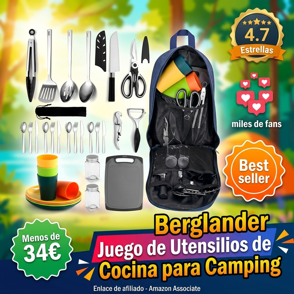 Berglander Juego de Utensilios de Cocina para Camping con Juego de Cubiertos y Plato, Tazas vajilla, Camping Accesorios Camper, Utensilios de Cocina para Acampada, para Picnic, Barbacoa y Camping
