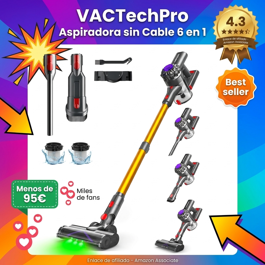 VACTechPro Aspiradora sin Cable,35kPa Aspirador de Mano,6 en 1 Inalámbrica con 35minutos de autonomía y batería extraíble,Aspirador Escoba Ideal para Pelo de Mascota/Alfombra/Suelo Duro&Oro