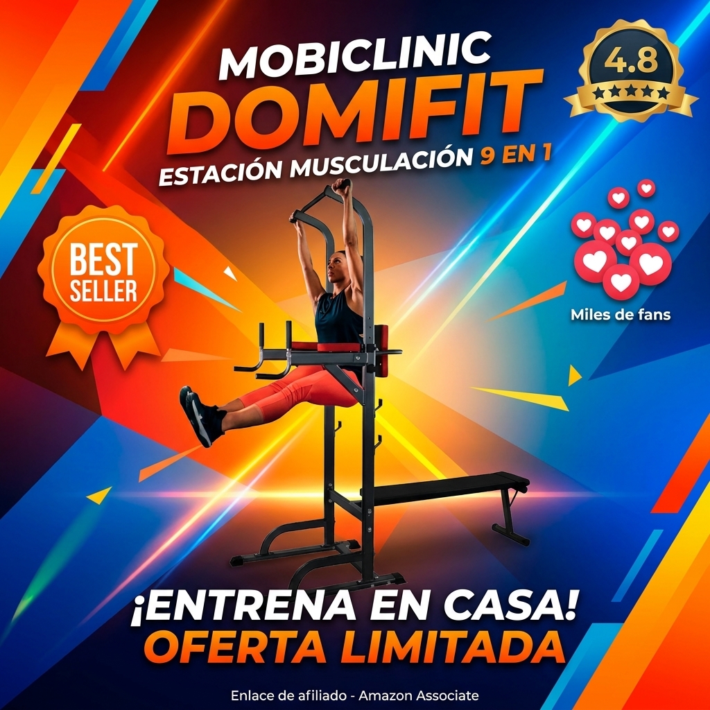 Mobiclinic® Fitness, Estación de musculación, 9 en 1, Plegable, Domifit, Ajustable 7 Alturas, Barra dominadas, Banco reclinable, Soporte para Barras, Multifunción, Antideslizante, Acolchada