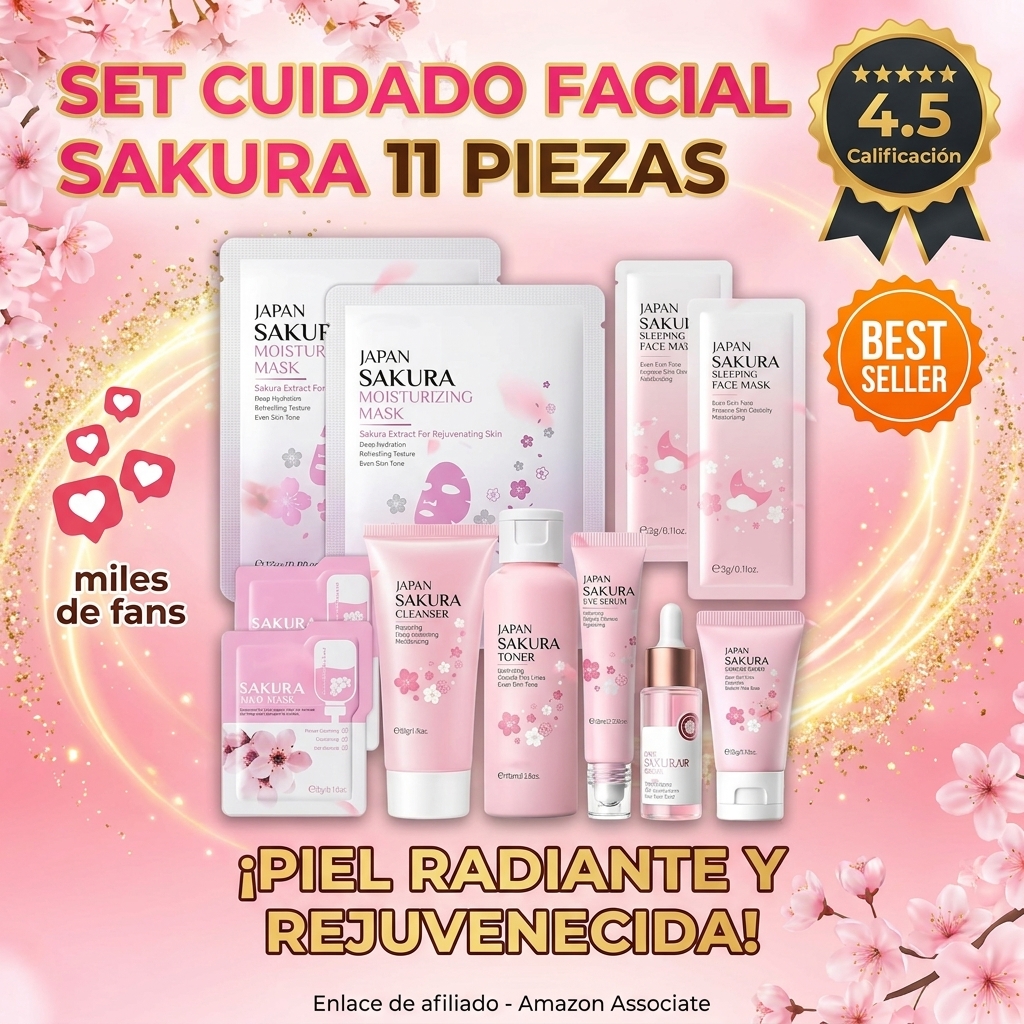 Set de Cuidado Facial Sakura 11 Piezas, Set de Cuidado Diario de la Piel con Limpiador, Tónico, Limpieza y Cuidado Facial, Hidratación y Antienvejecimiento, para Adolescentes y Mujeres