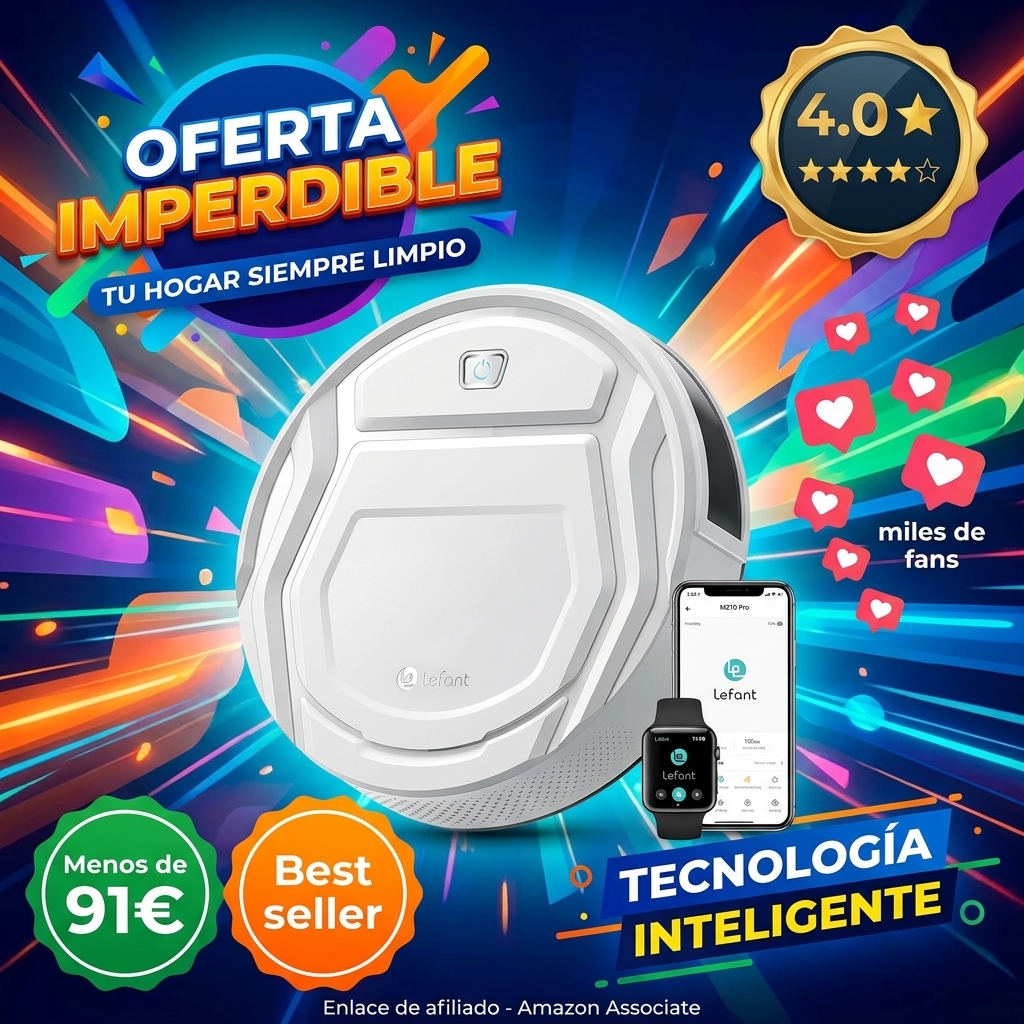 Lefant M210 Robot Aspirador, 2200Pa, 120min, Suelos Duros, Modo Silencioso, Limpieza Zig-Zag, Sensor Anticolisión 6D, WiFi/Alexa/App, Carga Automática, para Pelo de Mascotas