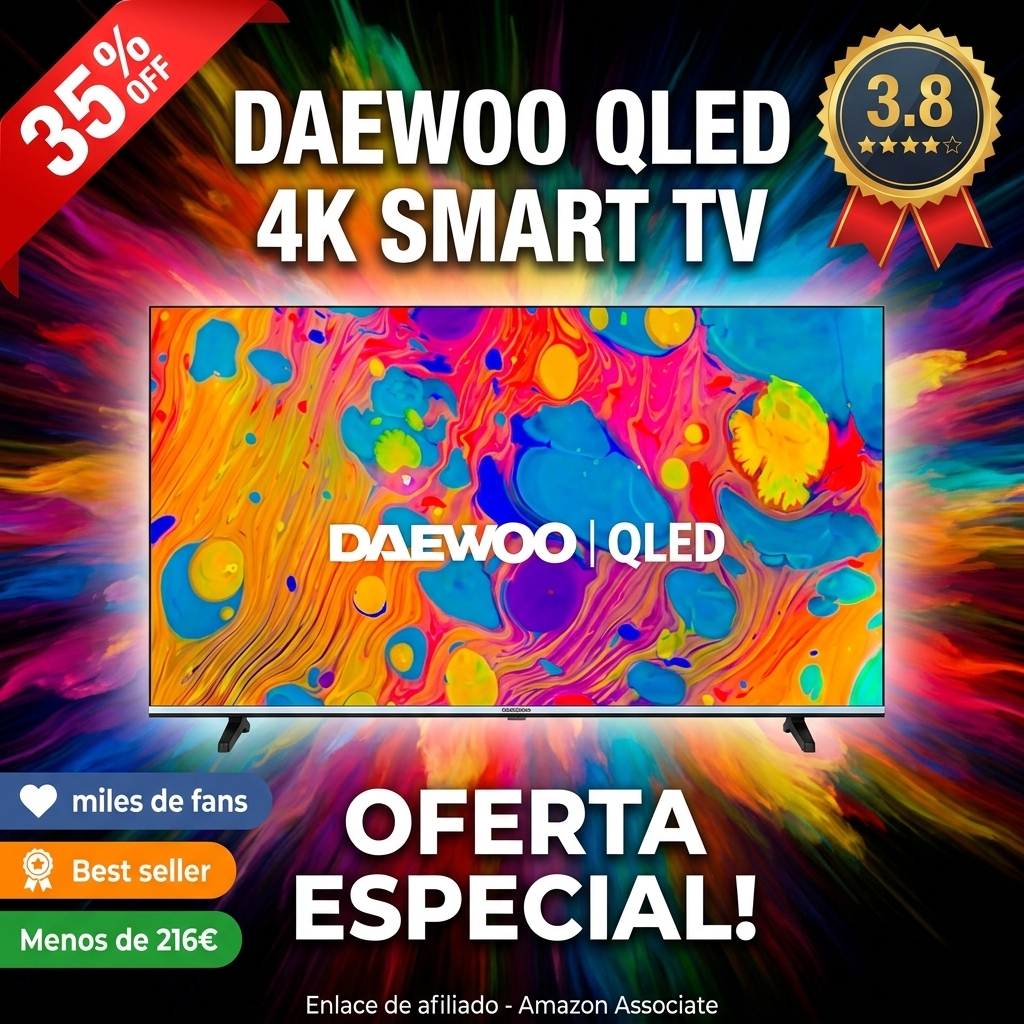 Daewoo 43DM55QV QLED Smart TV 43 Pulgadas 4K Ultra HD HDR, Televisor con Dolby Vision & Dolby Atmos, Compatible con Alexa, Diseño sin Marcos, Peana Lateral