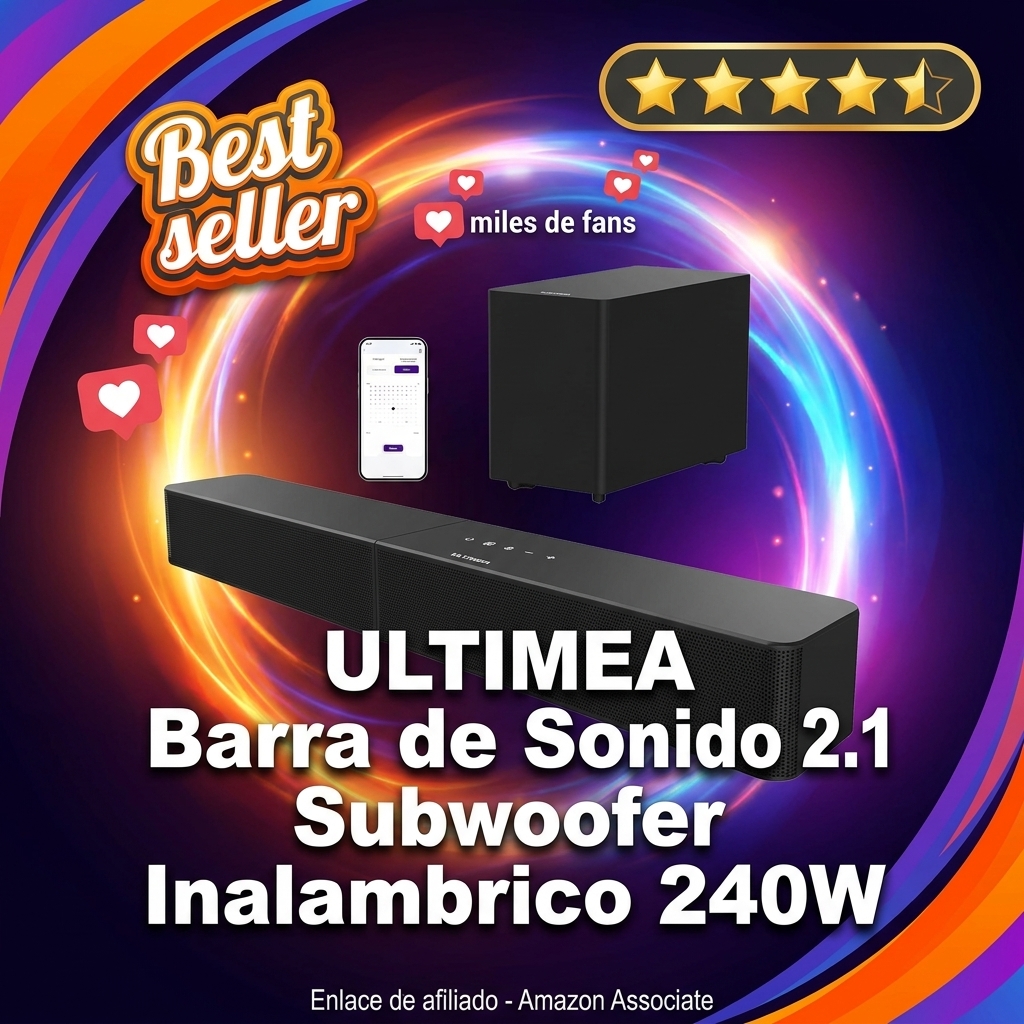 ULTIMEA Barra de Sonido 2.1 con Subwoofer Inalámbrico, Control por App, VoiceMX y BassMX, 240W Potencia Máxima para Smart TV, Graves Ajustables, HDMI, Óptico, Bluetooth 6.0, Poseidon M30(Modelo 2026)