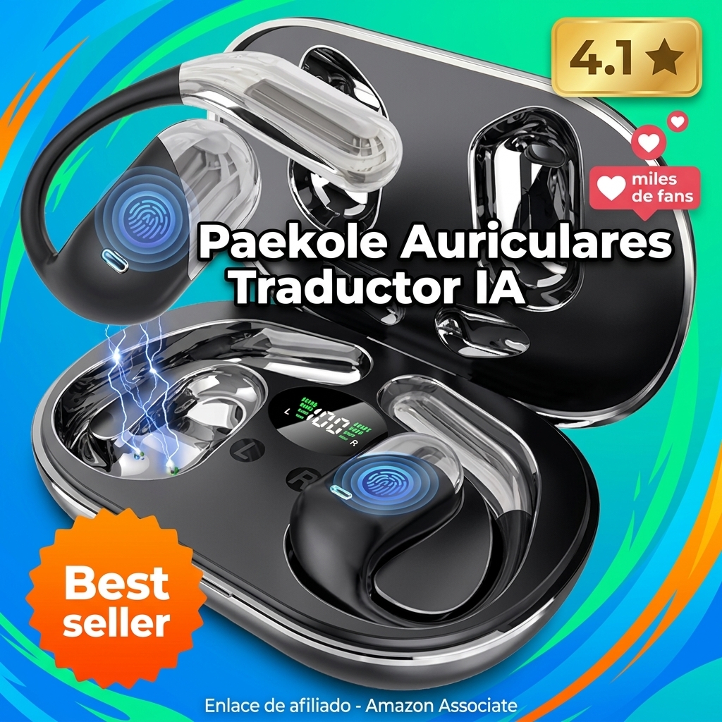 Paekole Auriculares Traductor en Tiempo Real con IA, Traductor Instantáneo de Voz 198 Idiomas, Auriculares Traductores Inalámbricos Abiertos 3 en 1, Bluetooth 6.1, 60H Batería para Reuniones y Viajes