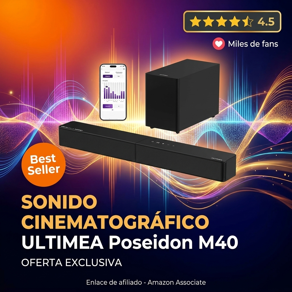ULTIMEA Barra de Sonido TV 2.1CH con Subwoofer Inalámbrico, Dolby Atmos, VoiceMX, BassMX, 240W Potencia Máxima, Control por App, HDMI eARC, Óptico, Bluetooth® 6.0, Modelo Poseidon M40 (Versión 2026)