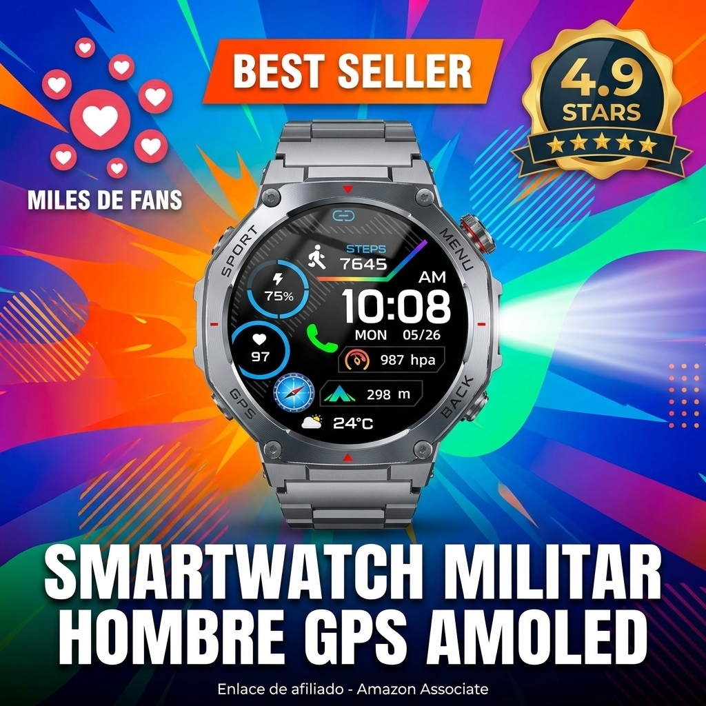 Reloj Inteligente Hombre Militar con GPS y Linterna LED, 5ATM Smartwatch con Brújula llamadas Bluetooth Pulsómetro Oxímetro Sueño, 1.43"AMOLED Reloj Deportivo con 160+Modos Deportivos para IOS Android
